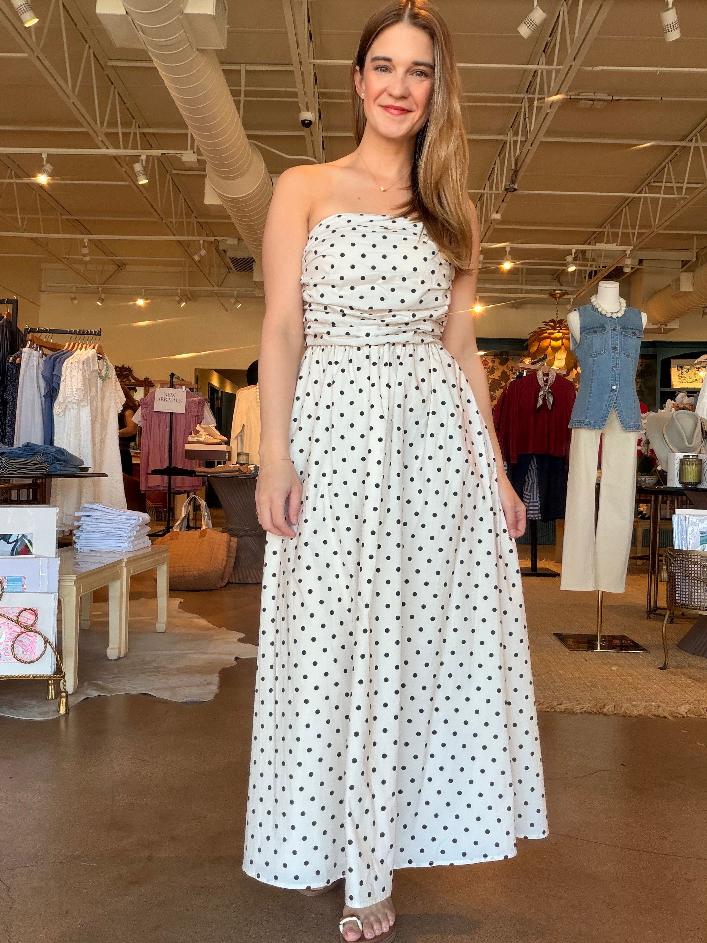 Emily Strapless Maxi Dress- Polka Dot Small Emily Strapless Maxi Dress- Polka Dot Small