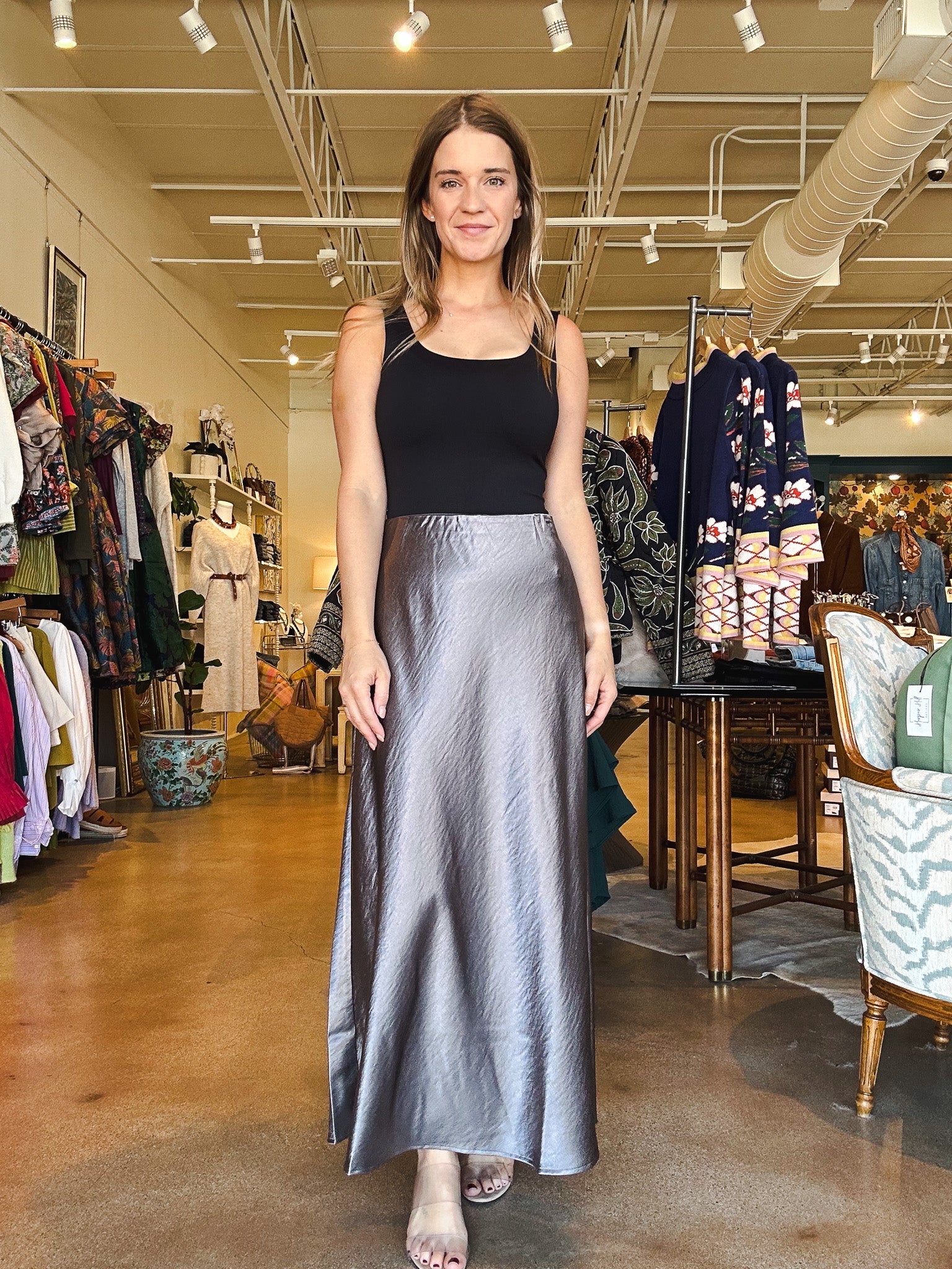 Barbara Satin Skirt - Pewter - Elle Maxine