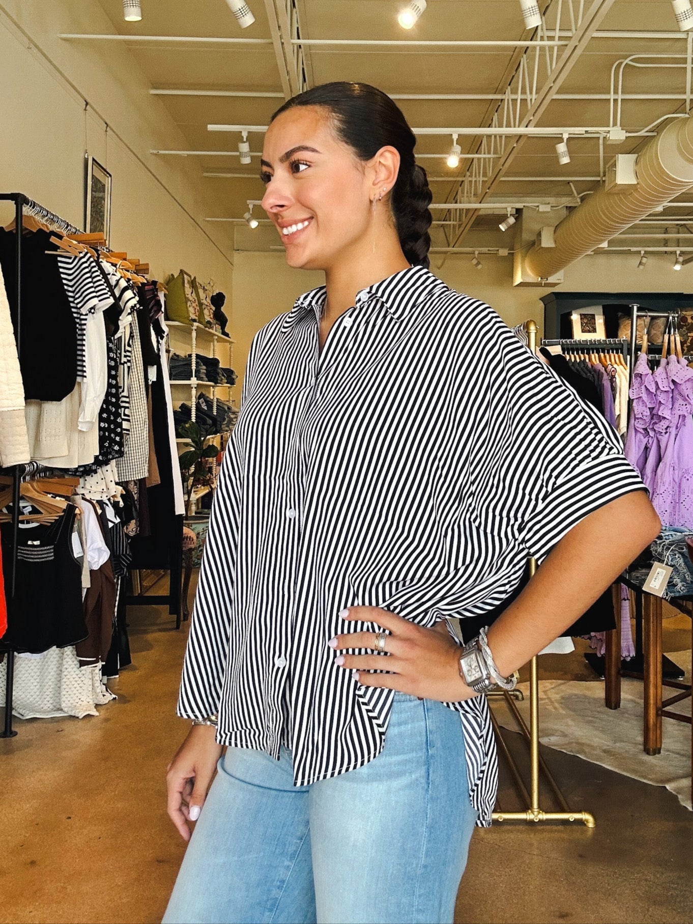 Callie Collared Stripe Blouse - Black - Elle Maxine