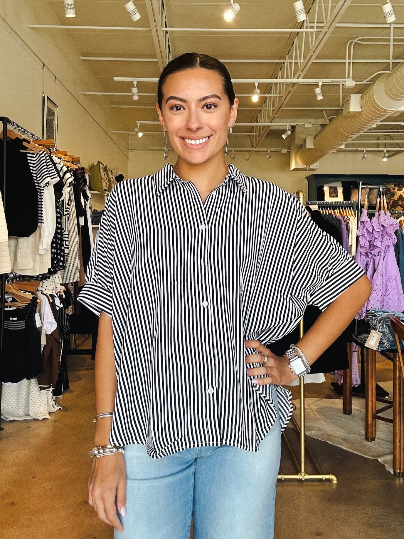 Callie Collared Stripe Blouse - Black - Elle Maxine