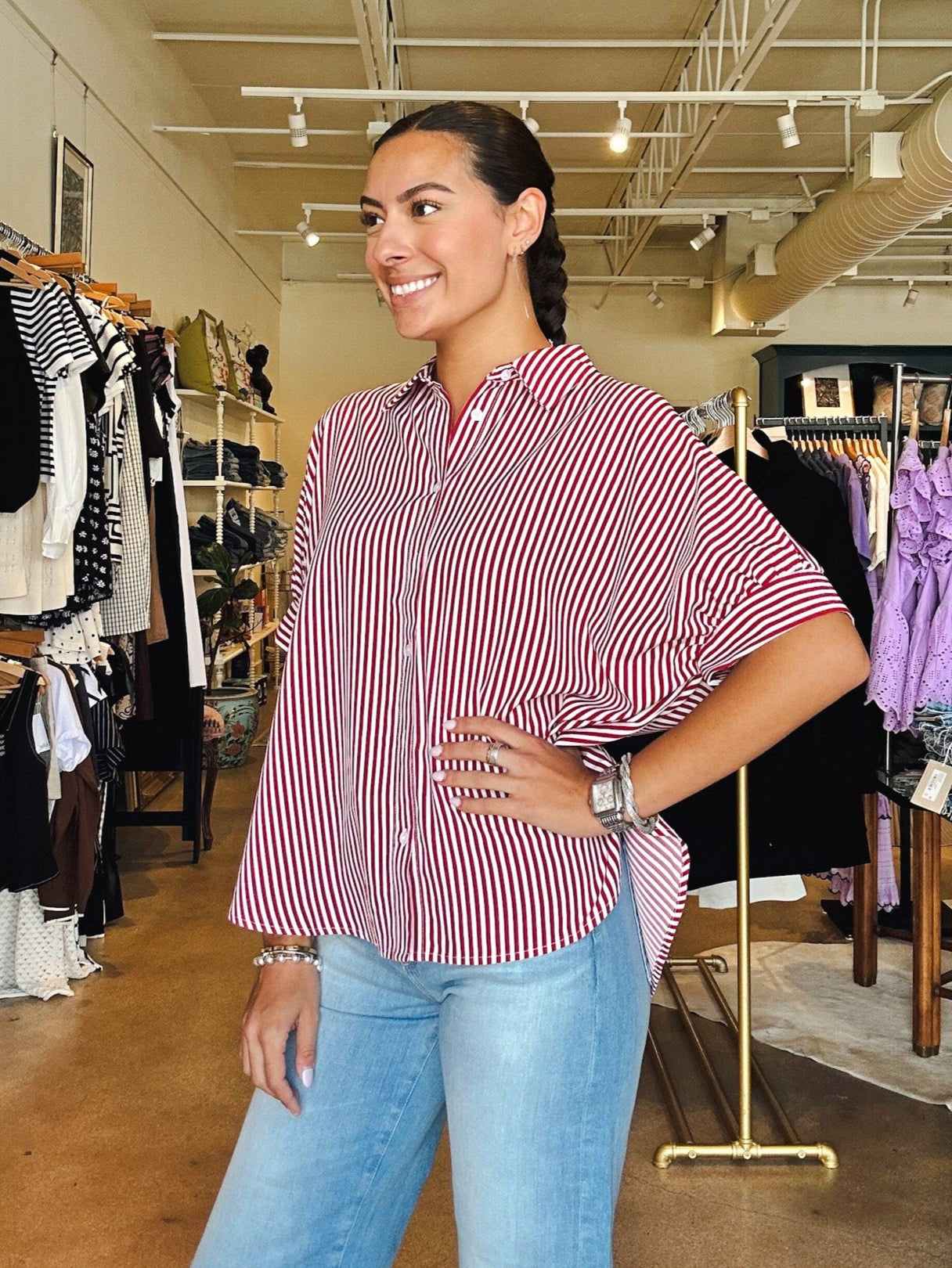 Callie Collared Stripe Blouse - Red - Elle Maxine