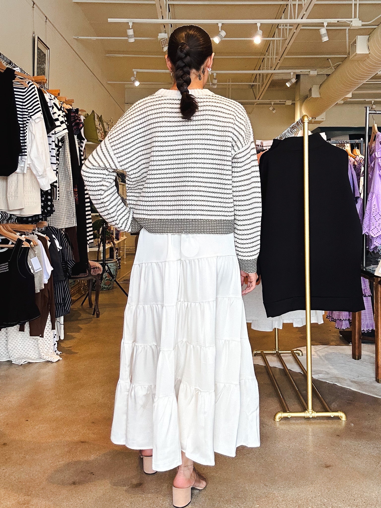 Ella Satin Tiered Maxi Skirt - Cream - Elle Maxine