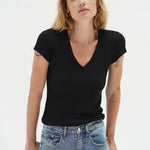 Fitted Ribbed V Neck - Black - Elle Maxine