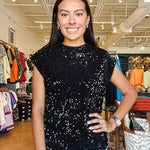 Funnel Neck Sequin Top - Black - Elle Maxine