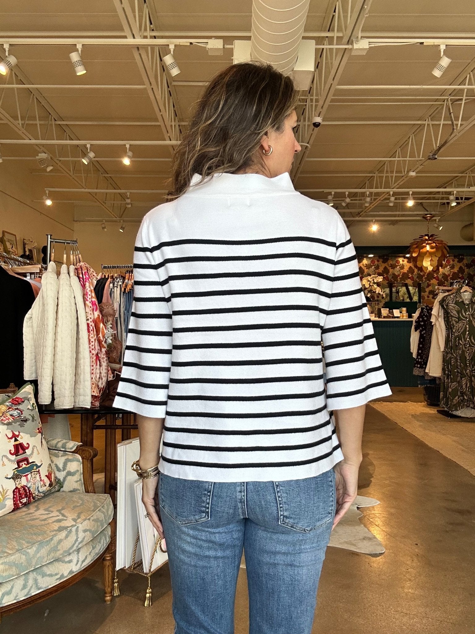 Ginny Mock Neck Sweater - Cream/Black Stripe - Elle Maxine