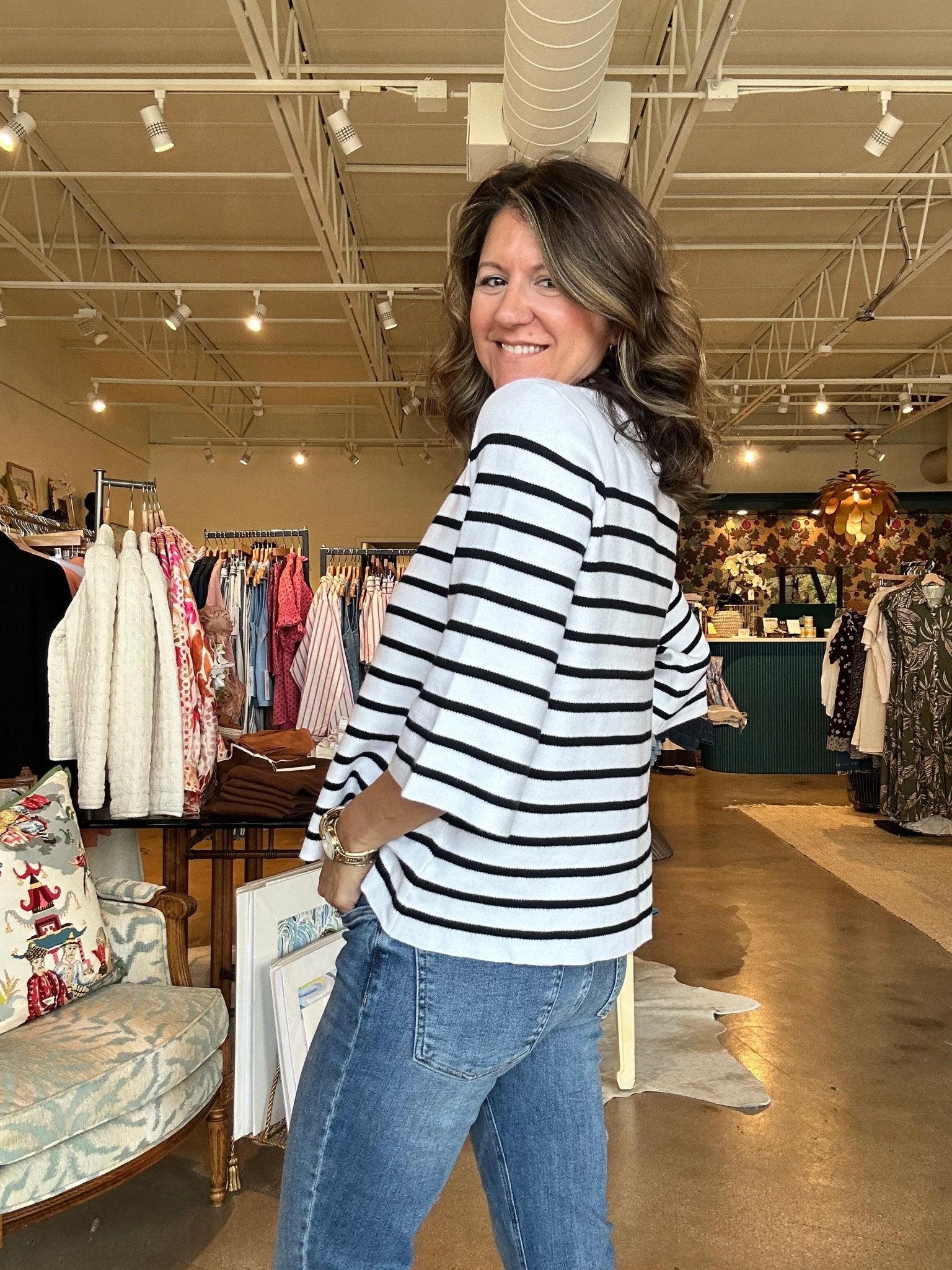 Ginny Mock Neck Sweater - Cream/Black Stripe - Elle Maxine