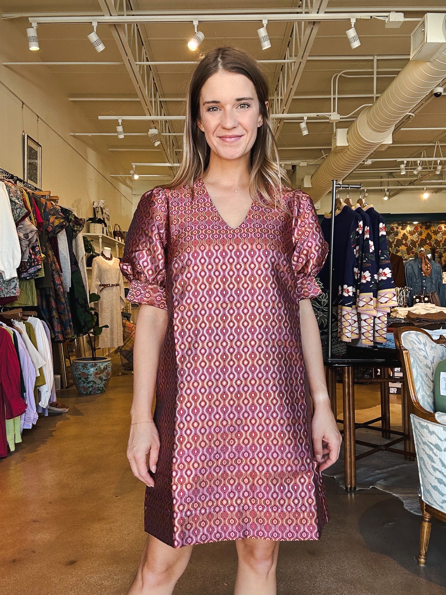 Groovy Grid V Neck Shift Dress - Elle Maxine