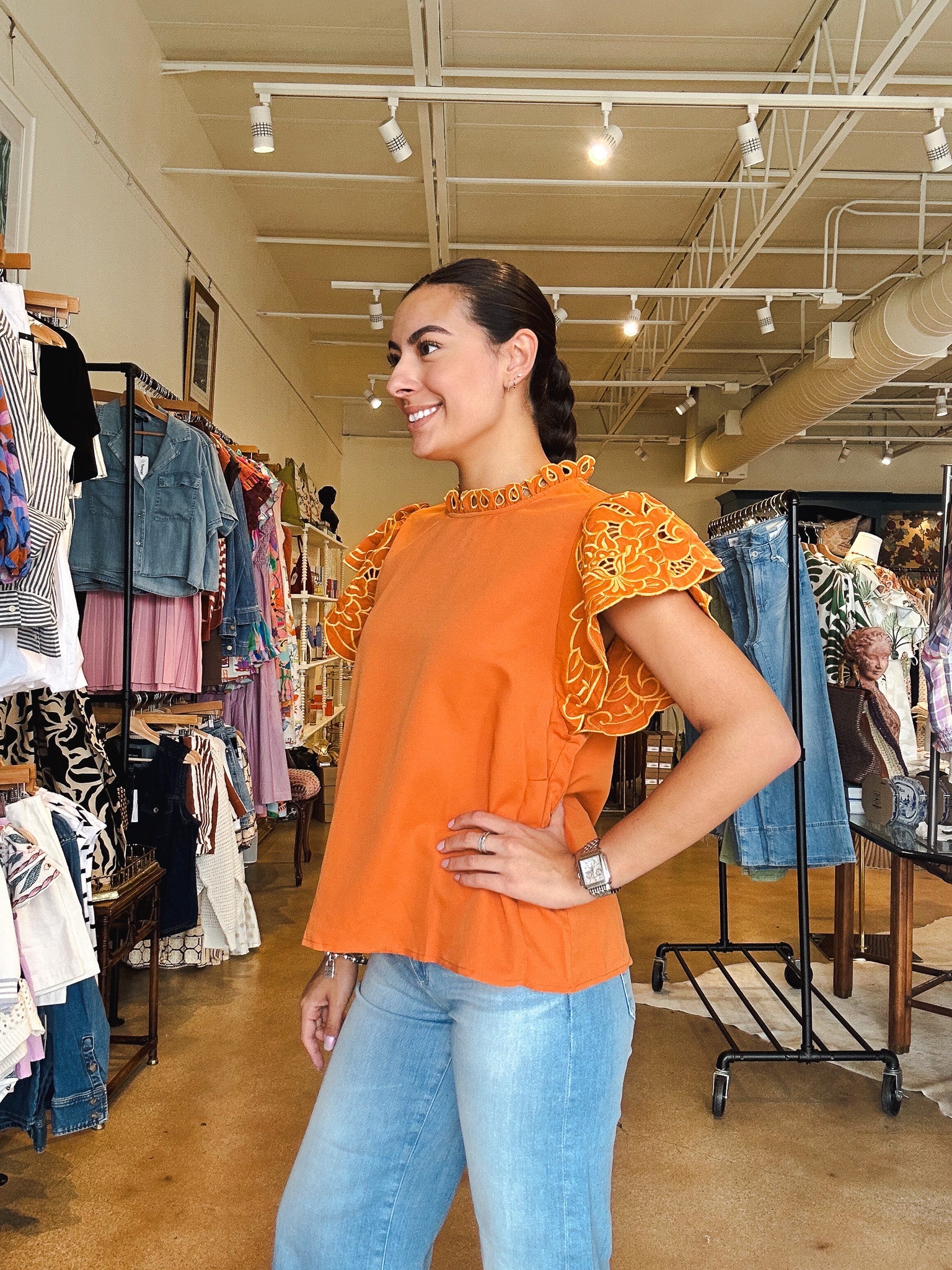 Jasmine Embroidered Floral Sleeve Top - Amber - Elle Maxine