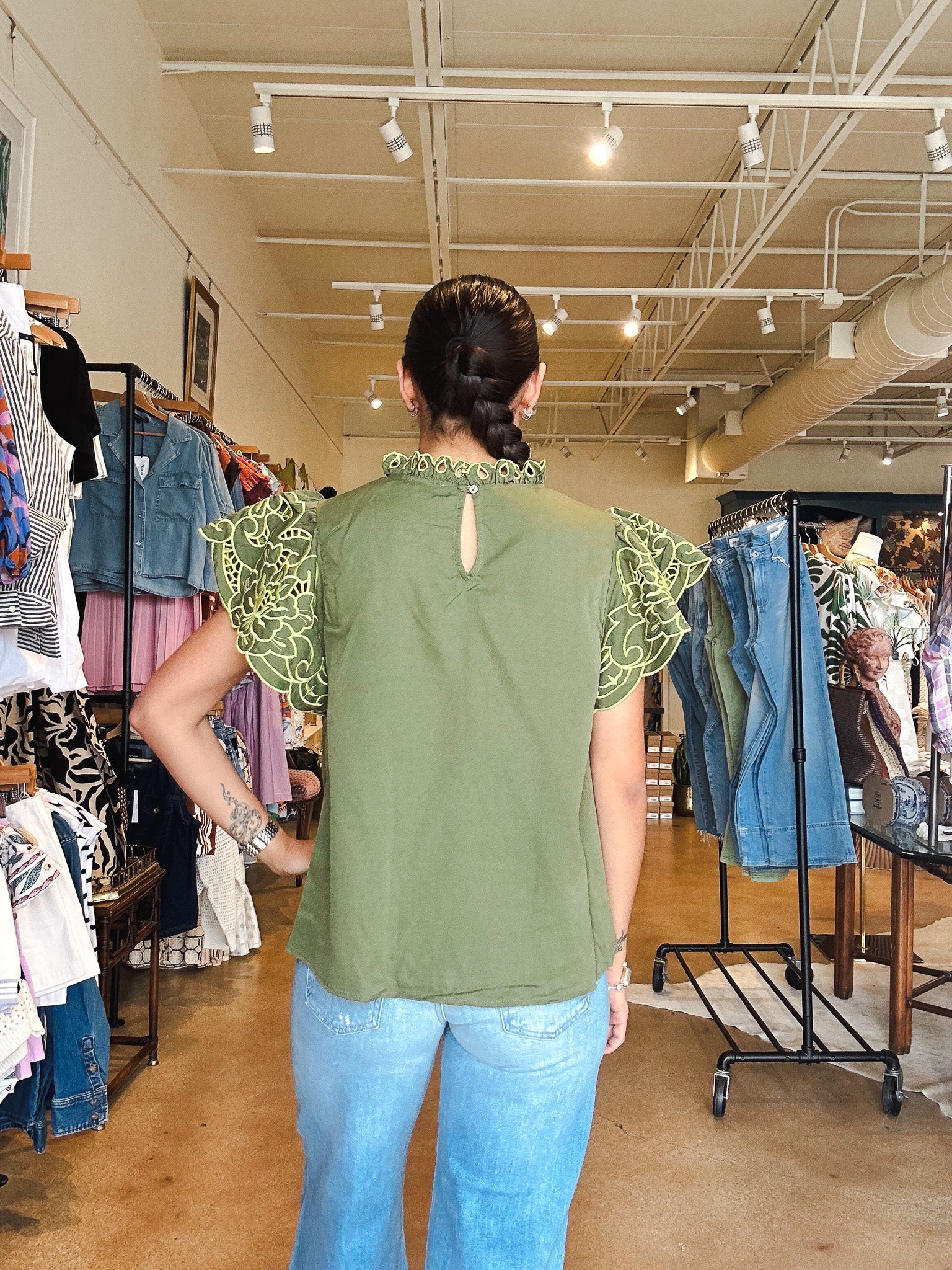 Jasmine Embroidered Floral Sleeve Top - Olive - Elle Maxine