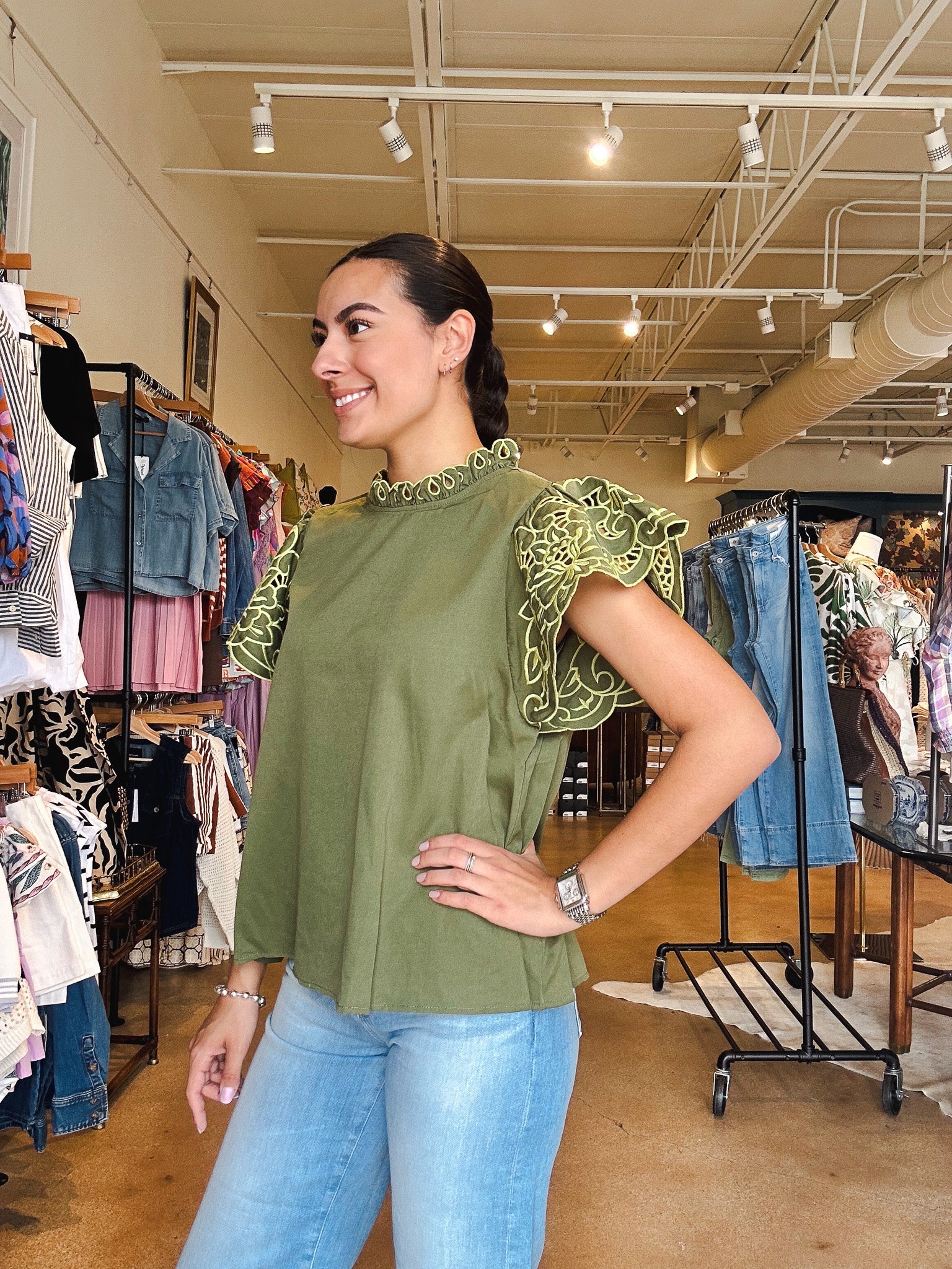 Jasmine Embroidered Floral Sleeve Top - Olive - Elle Maxine