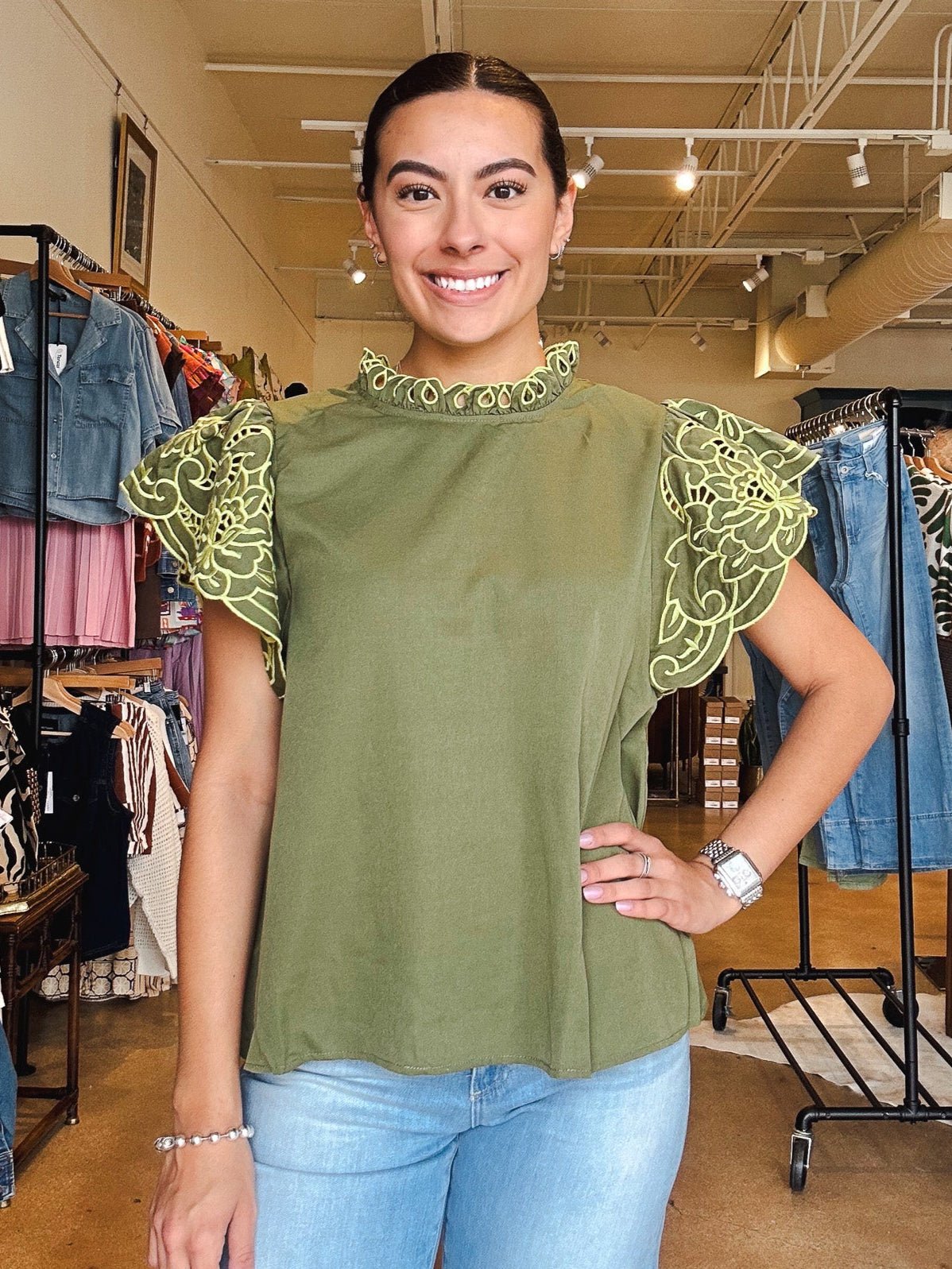 Jasmine Embroidered Floral Sleeve Top - Olive - Elle Maxine