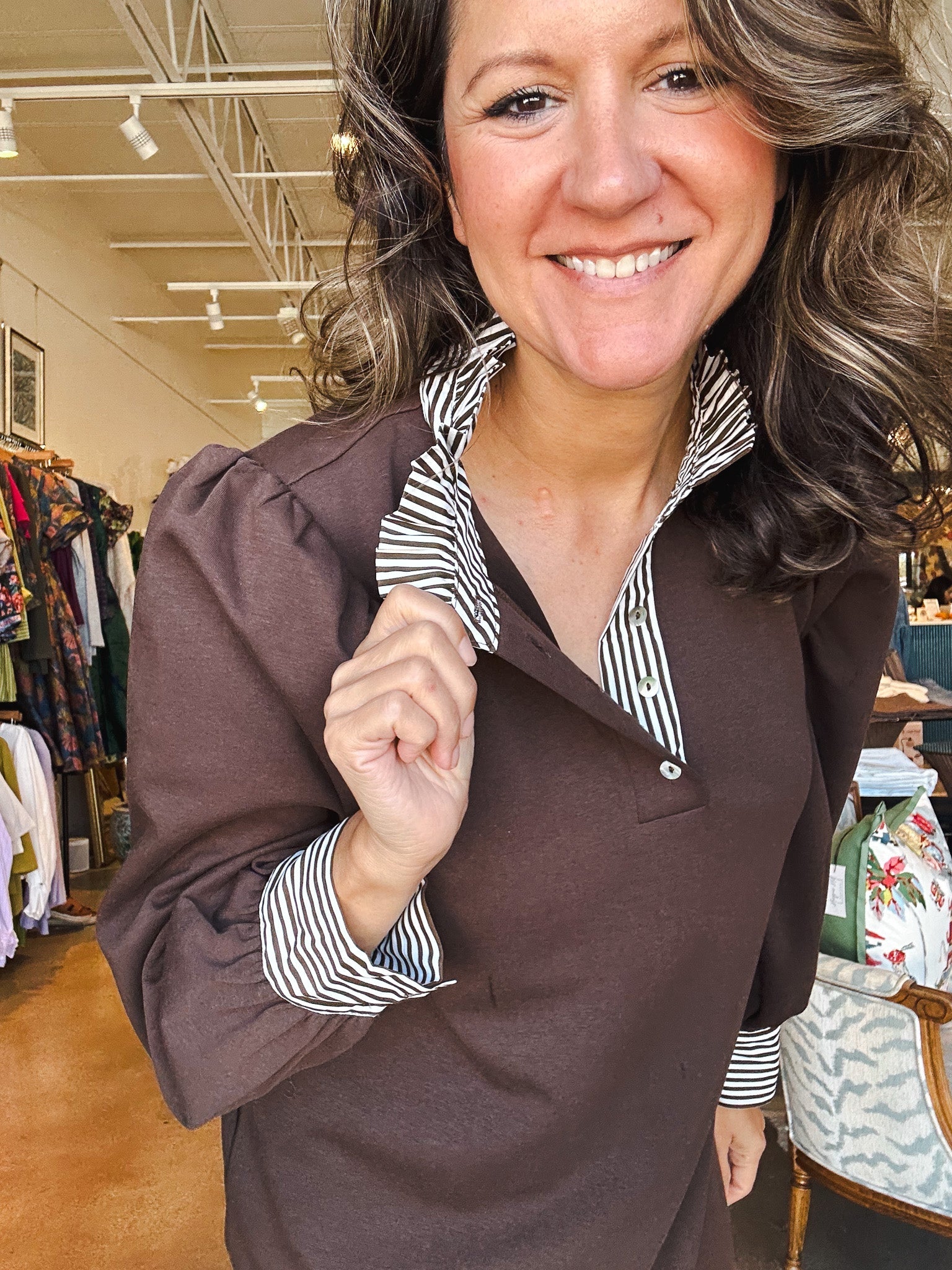 Leslie Stripe Collar Dress - Brown - Elle Maxine