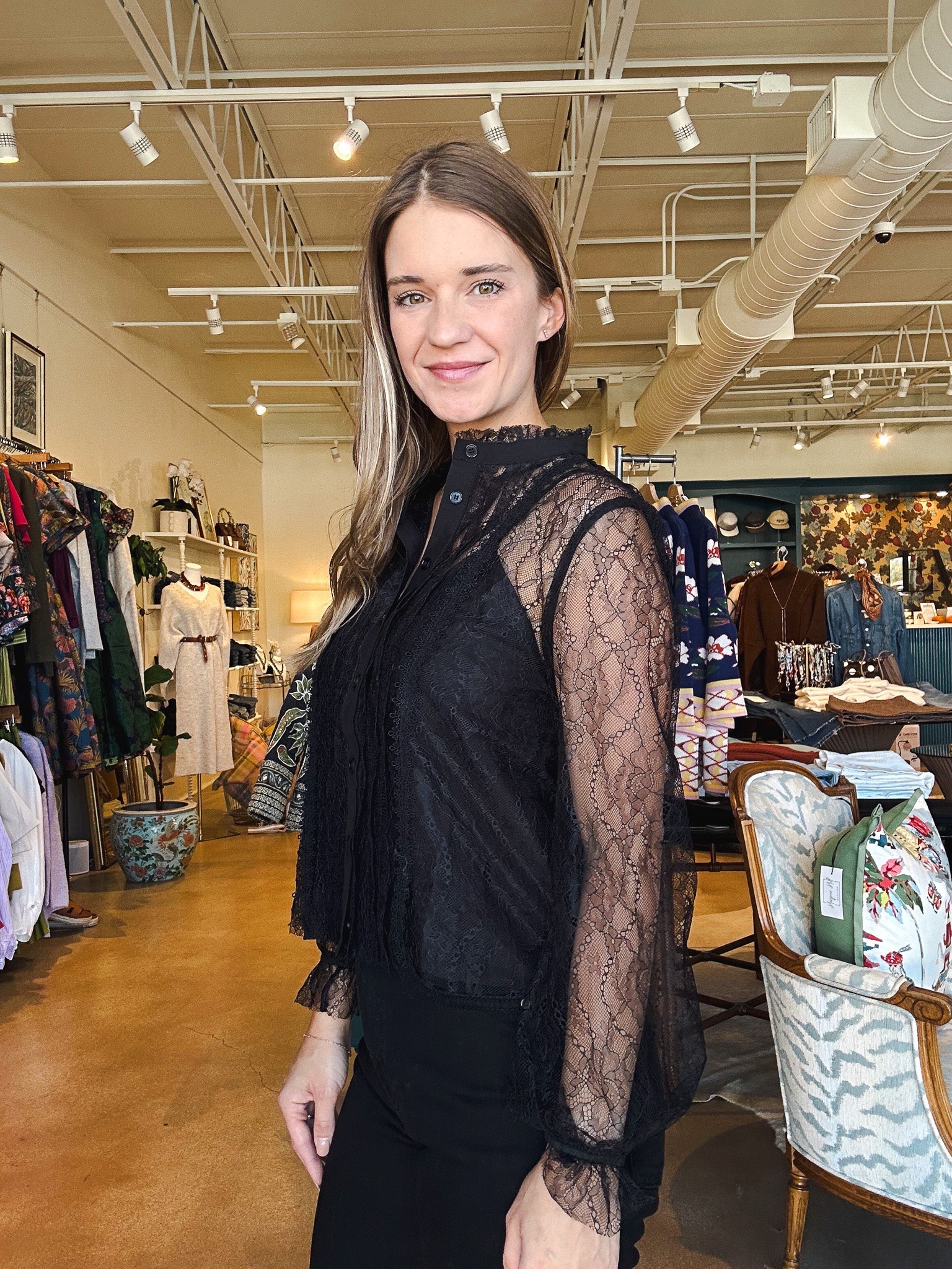 Lizette Long Sleeve Lace Top - Black - Elle Maxine