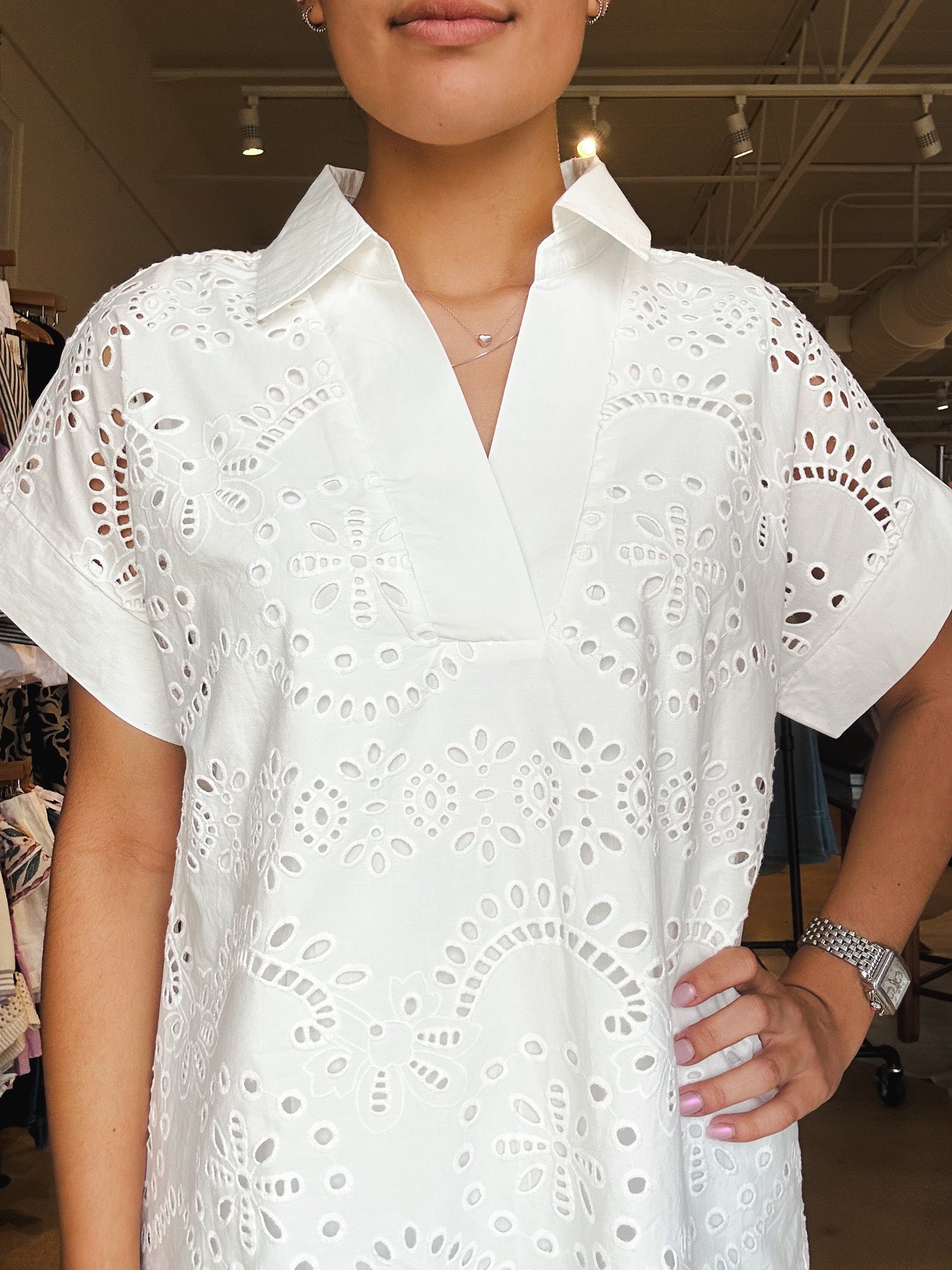 Lydia Eyelet Shift Dress - White - Elle Maxine