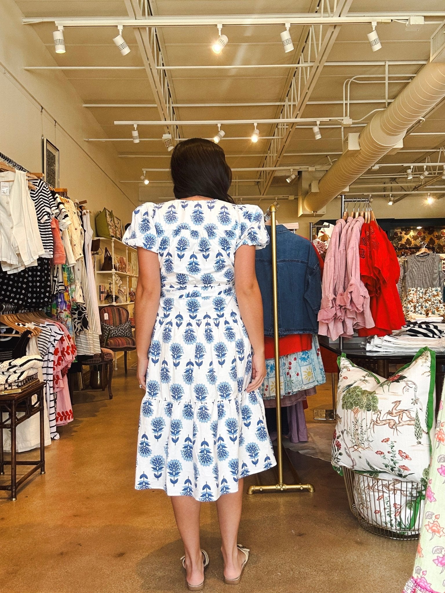 Perry Floral Puff Sleeve Midi Dress - Blue - Elle Maxine