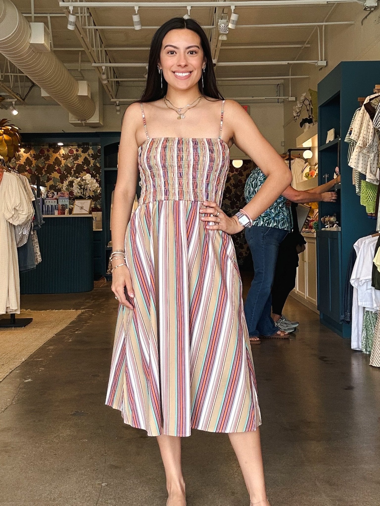 Talia Smocked Stripe Maxi Dress Large