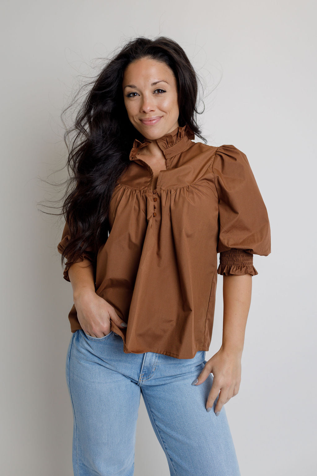 Yoke Button Top- Brown