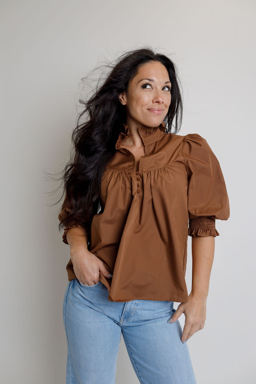 Yoke Button Top- Brown