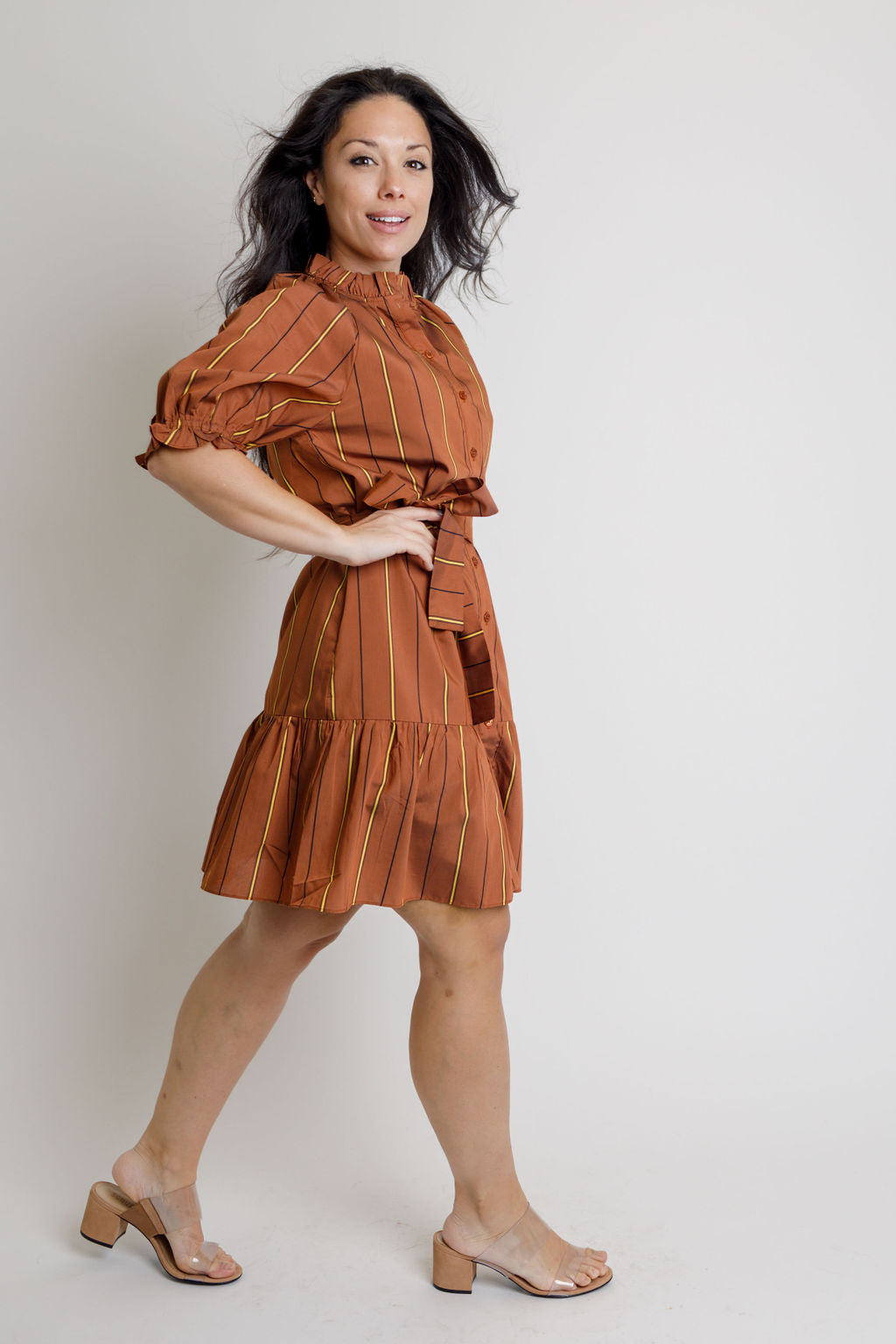 Brown Stripe Flounce Dress