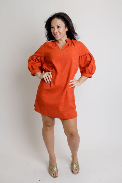 Puff Sleeve Collar Dress- Orange