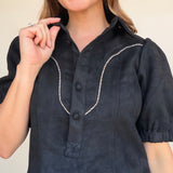 Vynessa Faux Suede Piping Detail Top