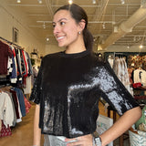 Bianca Sequin Crew Neck Top- Black