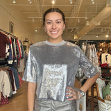 Bianca Sequin Crew Neck Top- Silver