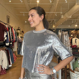 Bianca Sequin Crew Neck Top- Silver
