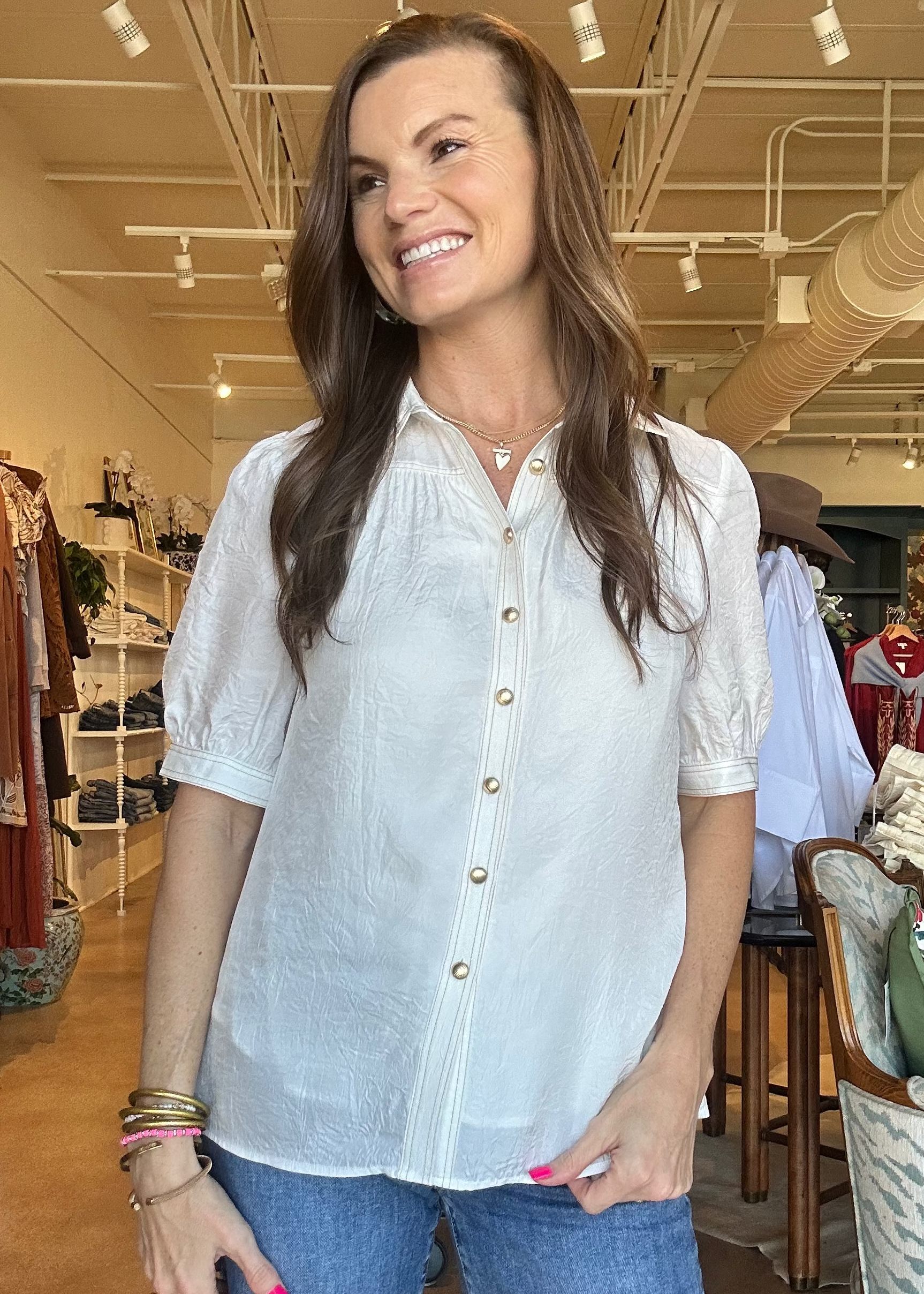 Celine Contrast Stitch Blouse- White