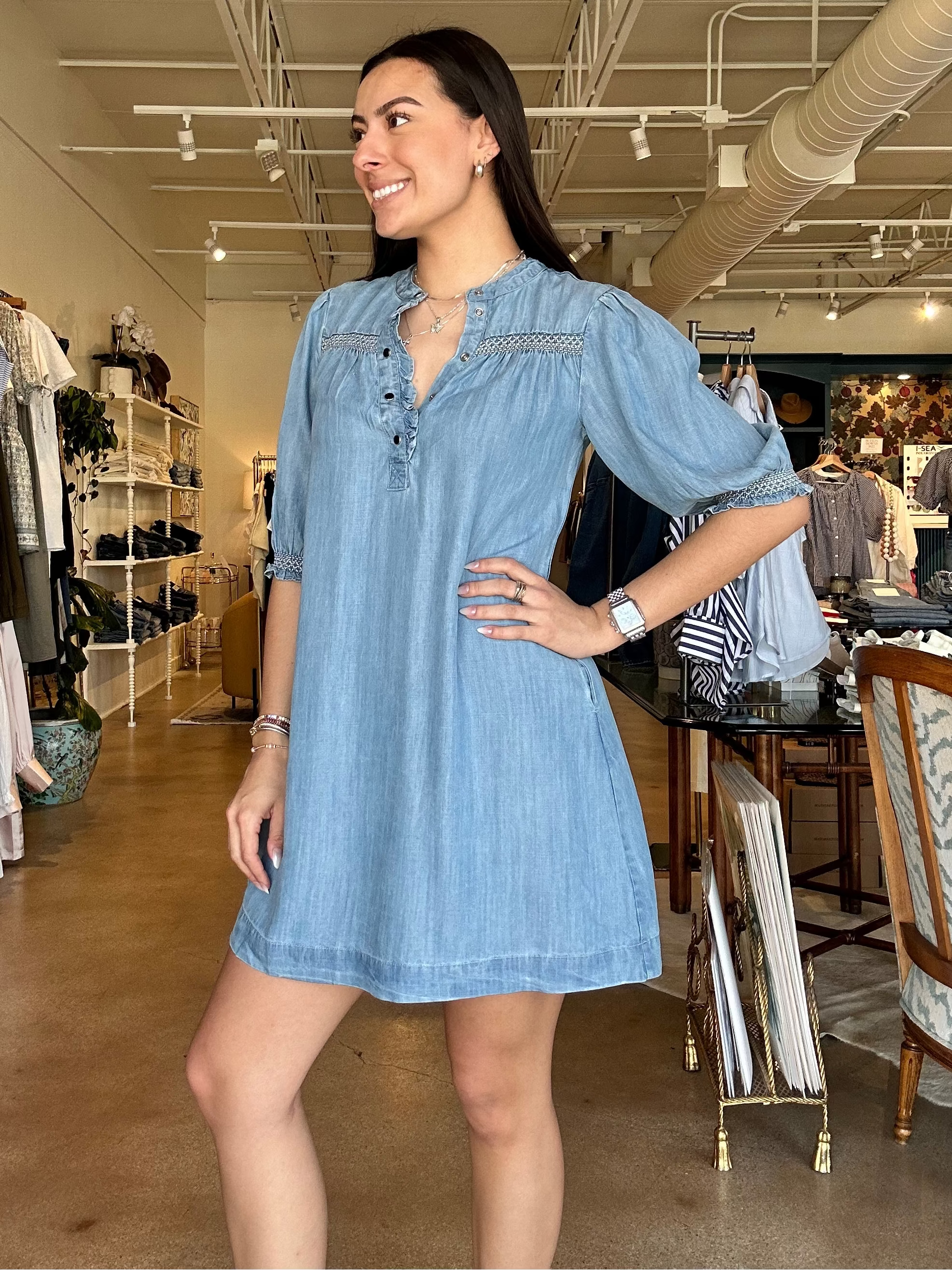 Ophelia Smocked Chambray Dress XS