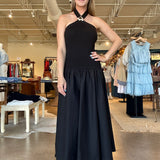 Arella Mixed Media Halter Dress- Black