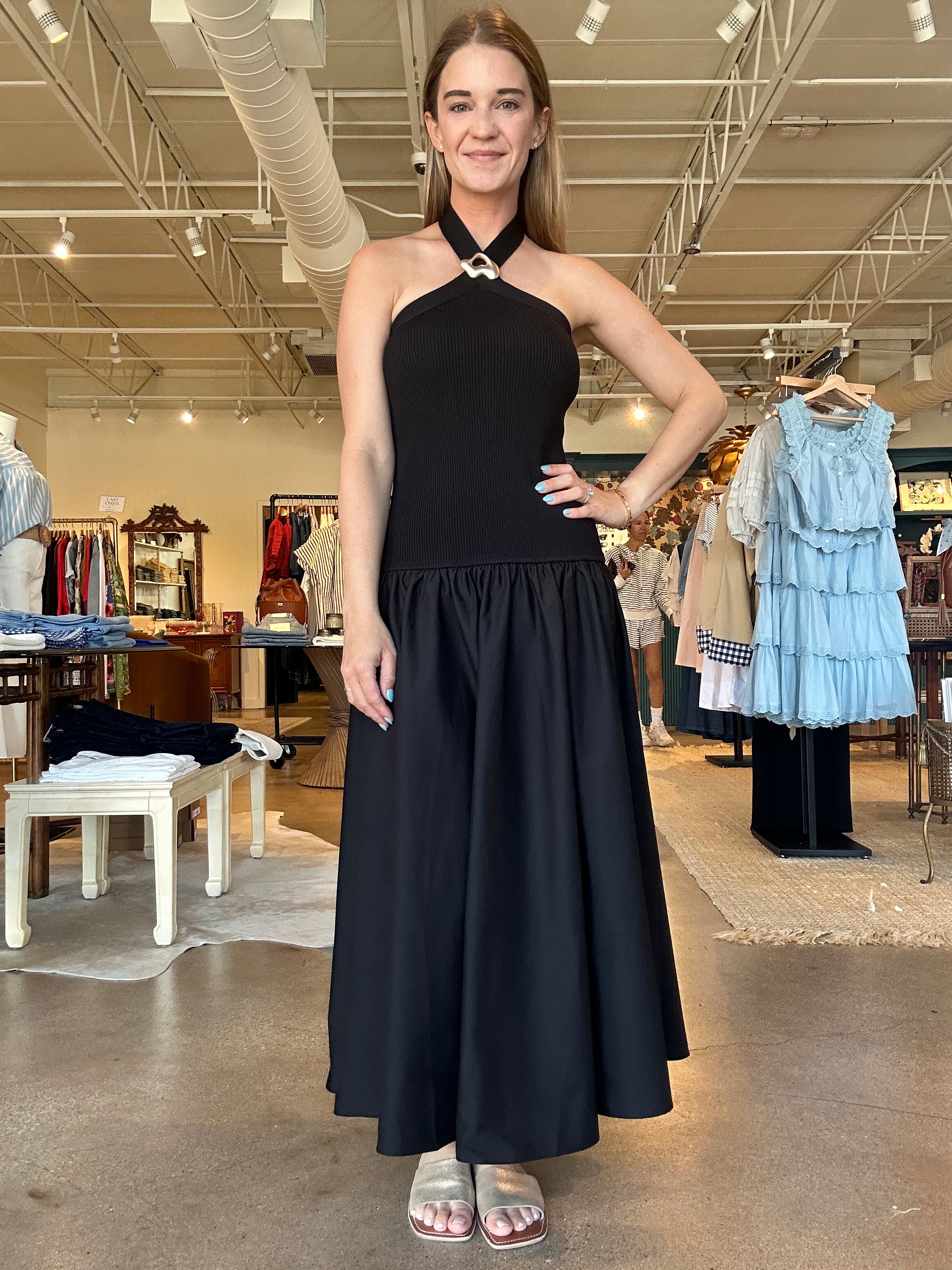 Arella Mixed Media Halter Dress- Black Small