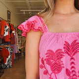 Sophie Embroidered Flutter Sleeve Top- Pink