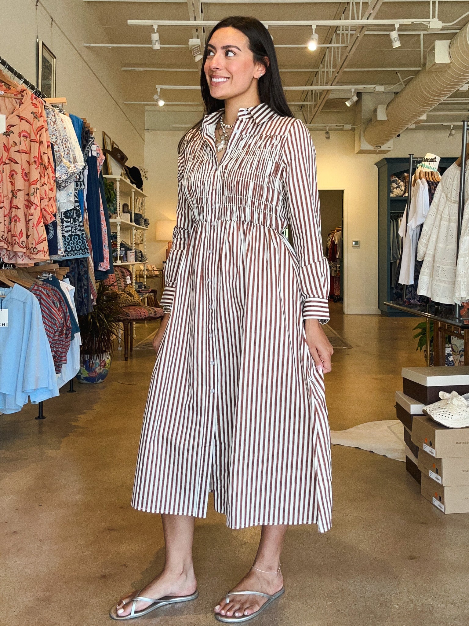 Erica Stripe Smocked Midi Dress Brown / X-Small