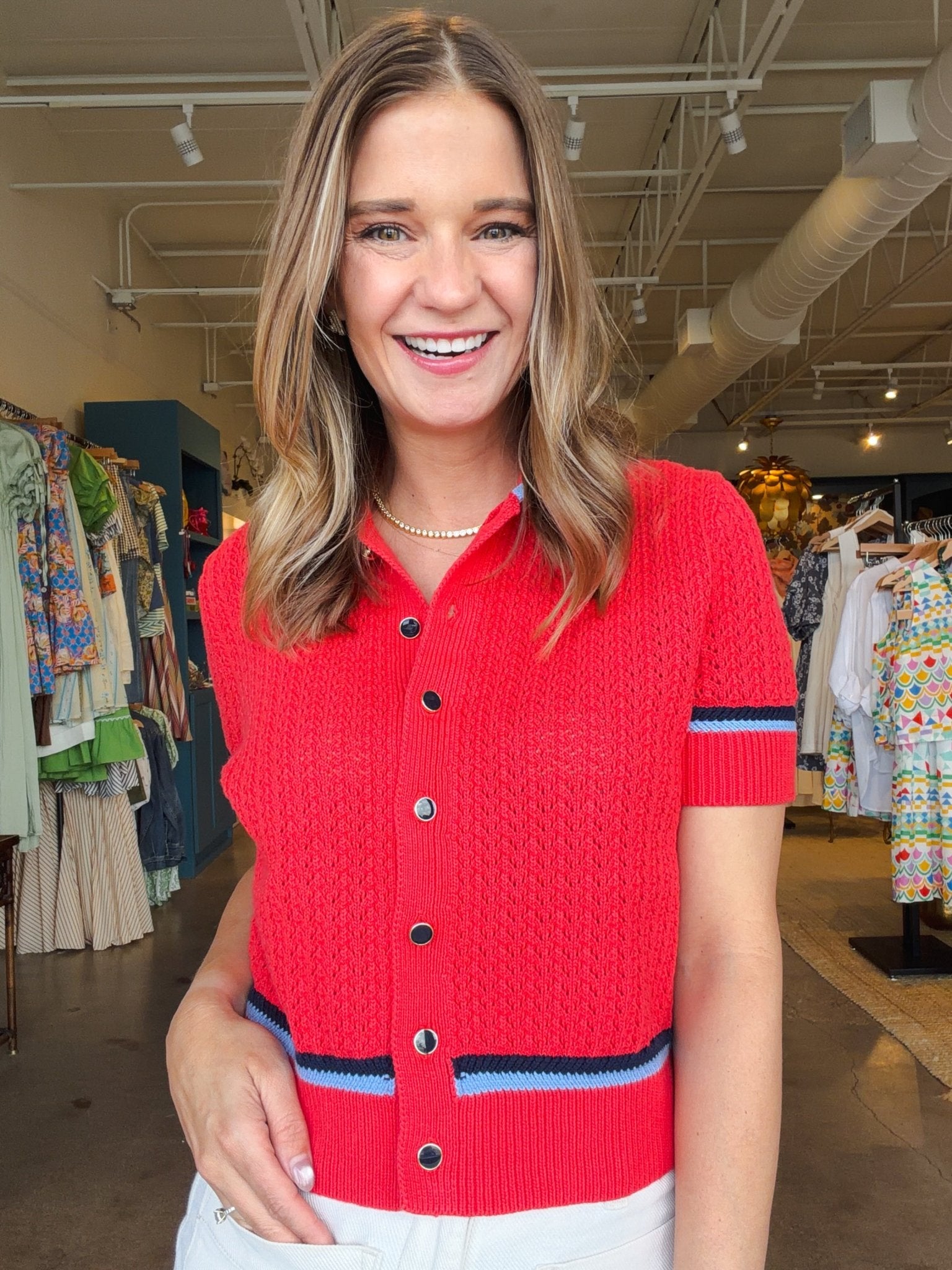 Amy Pointelle Stitched Polo Cardigan - Elle Maxine