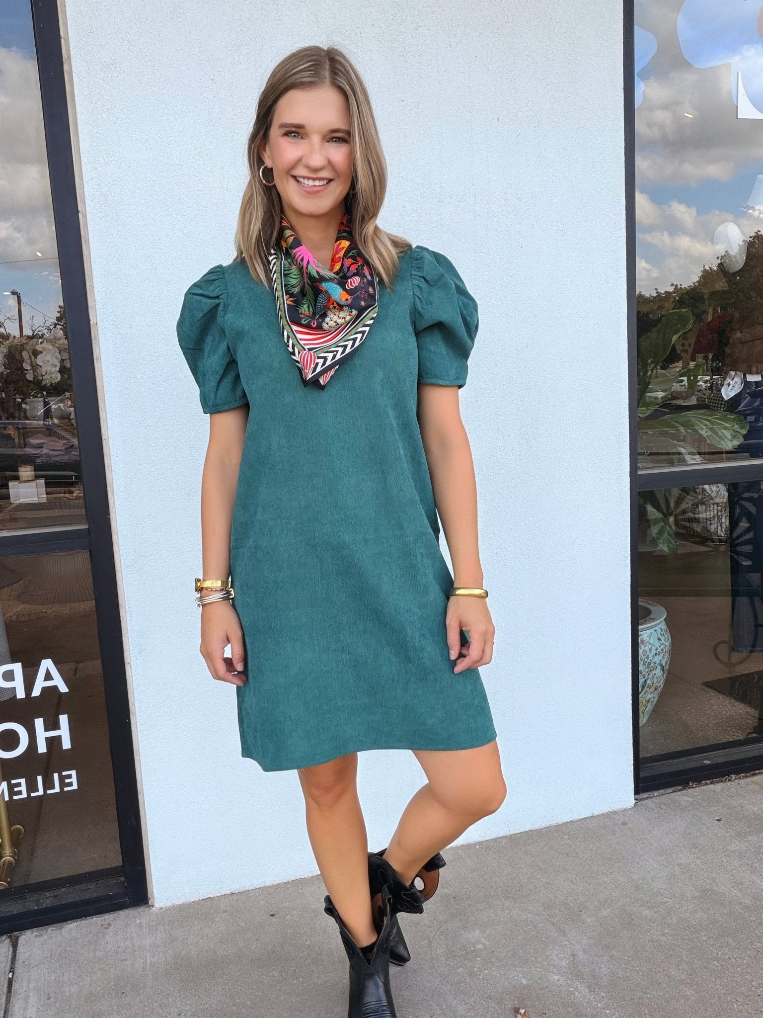 Anne Corduroy Puff Sleeve Dress - Elle Maxine