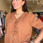 Anthea Puff Sleeve Ruffle Top- Brown - Elle Maxine