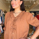 Anthea Puff Sleeve Ruffle Top- Brown - Elle Maxine