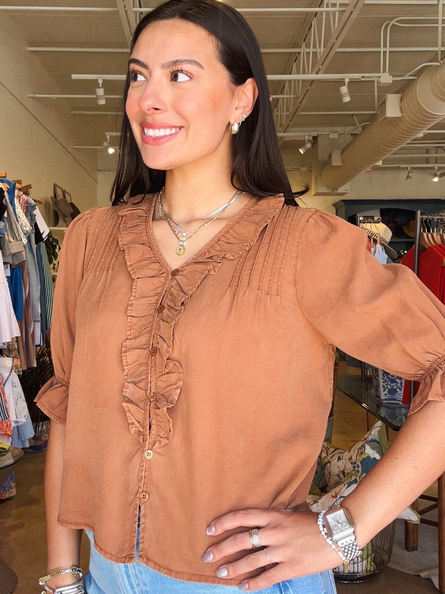 Anthea Puff Sleeve Ruffle Top- Brown - Elle Maxine
