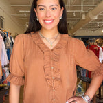 Anthea Puff Sleeve Ruffle Top- Brown - Elle Maxine