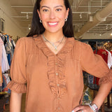 Anthea Puff Sleeve Ruffle Top- Brown - Elle Maxine