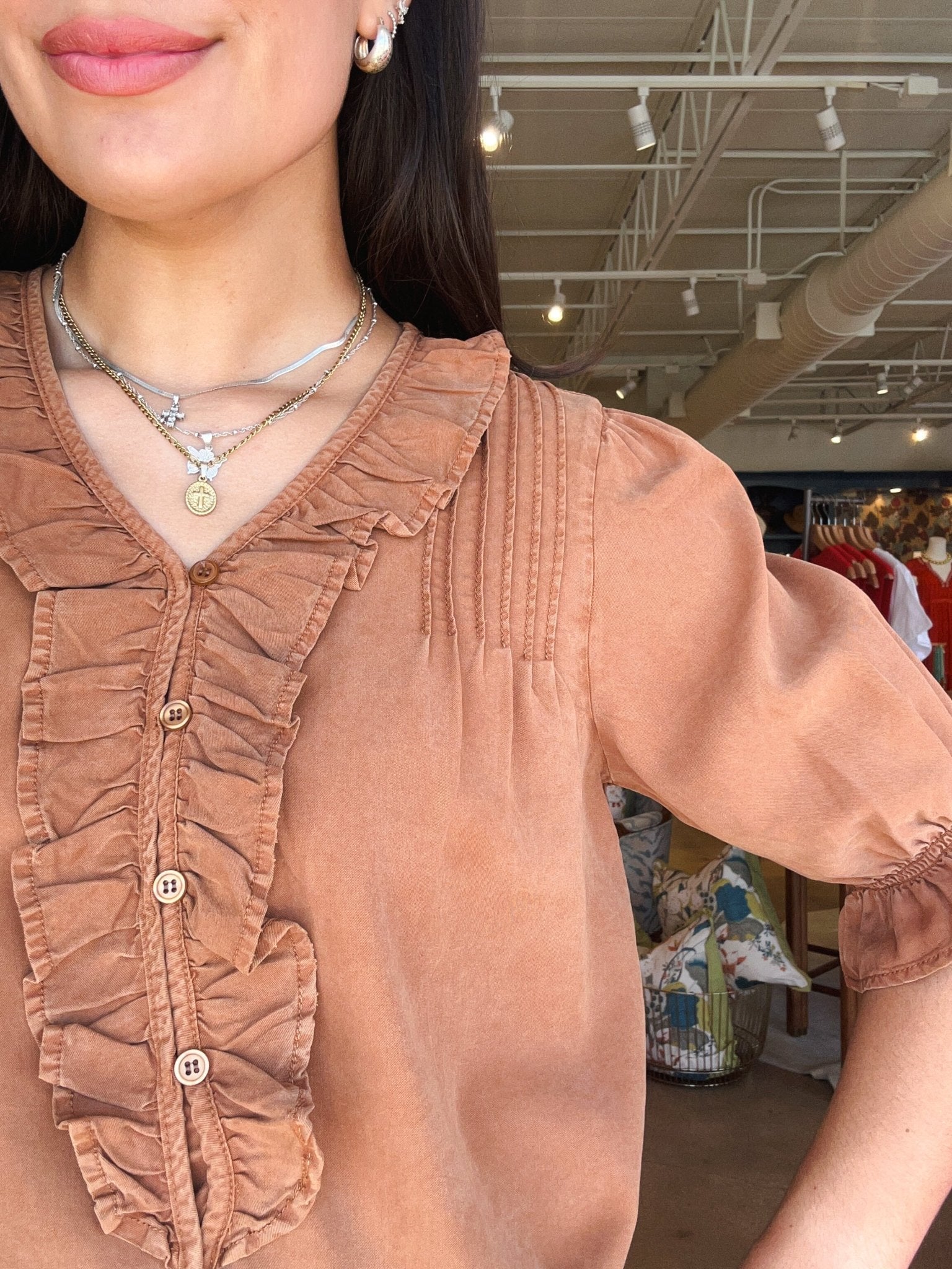 Anthea Puff Sleeve Ruffle Top- Brown - Elle Maxine