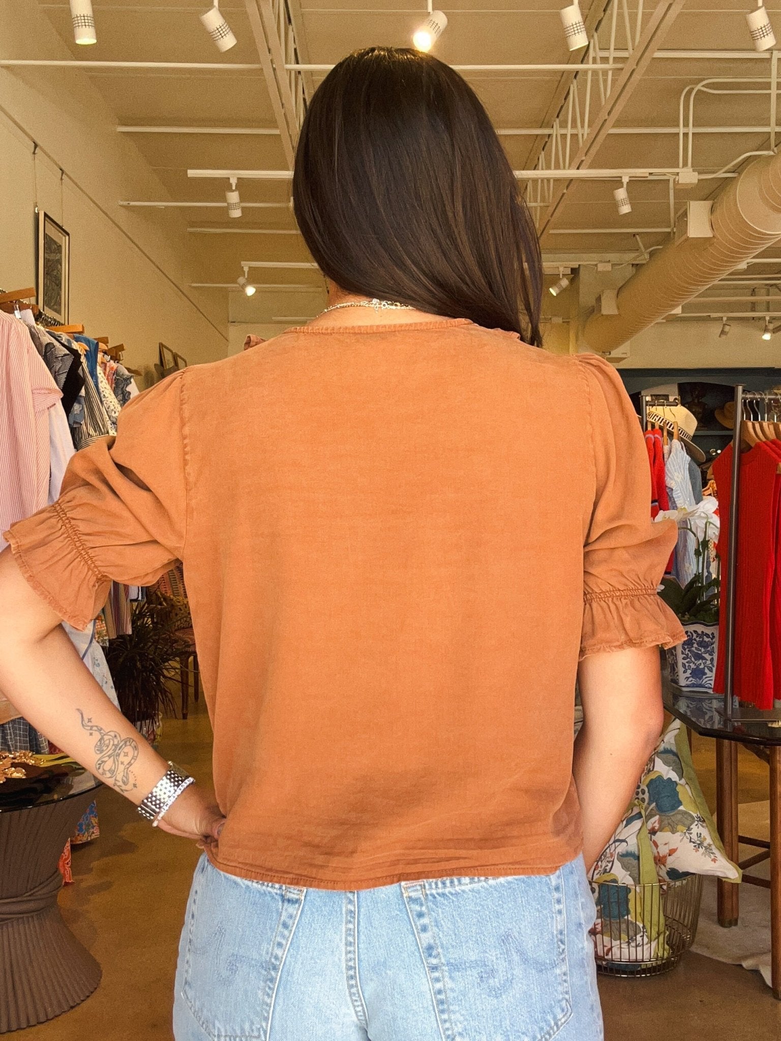 Anthea Puff Sleeve Ruffle Top- Brown - Elle Maxine