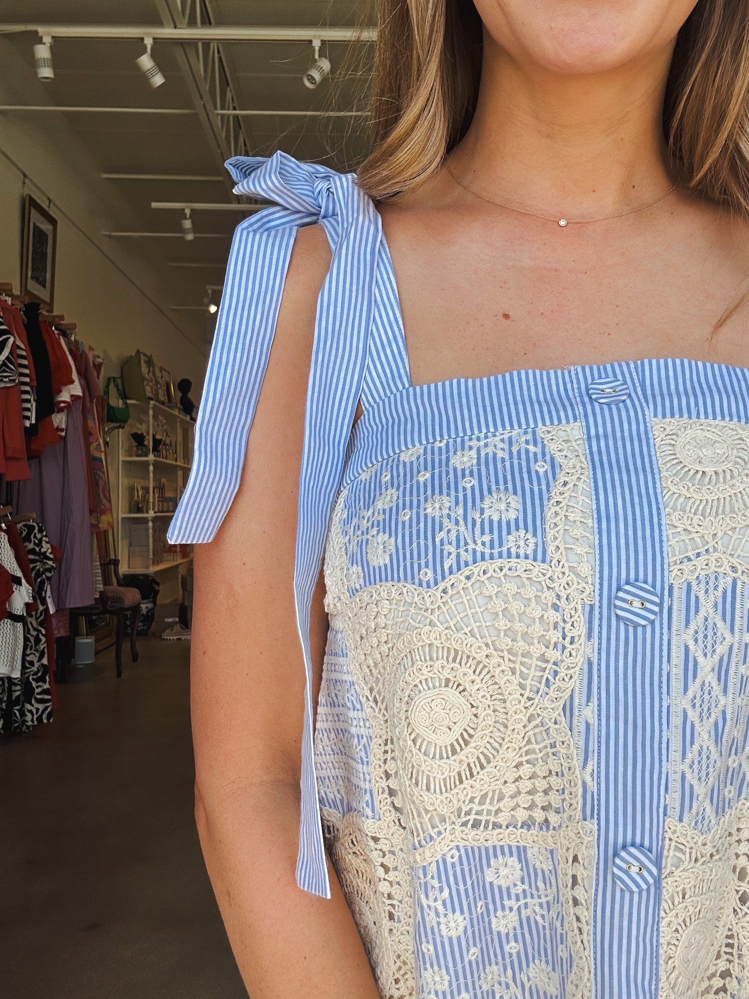 Anya Crochet Patchwork Dress - Blue/Cream - Elle Maxine