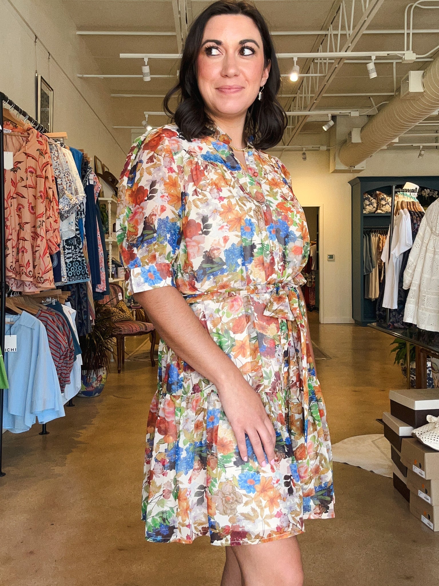 Autumn Flora Puff Sleeve Dress - Elle Maxine