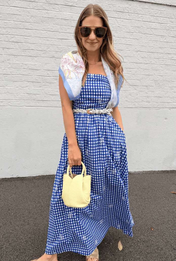 Azure Gingham Strapless Maxi Dress - Elle Maxine