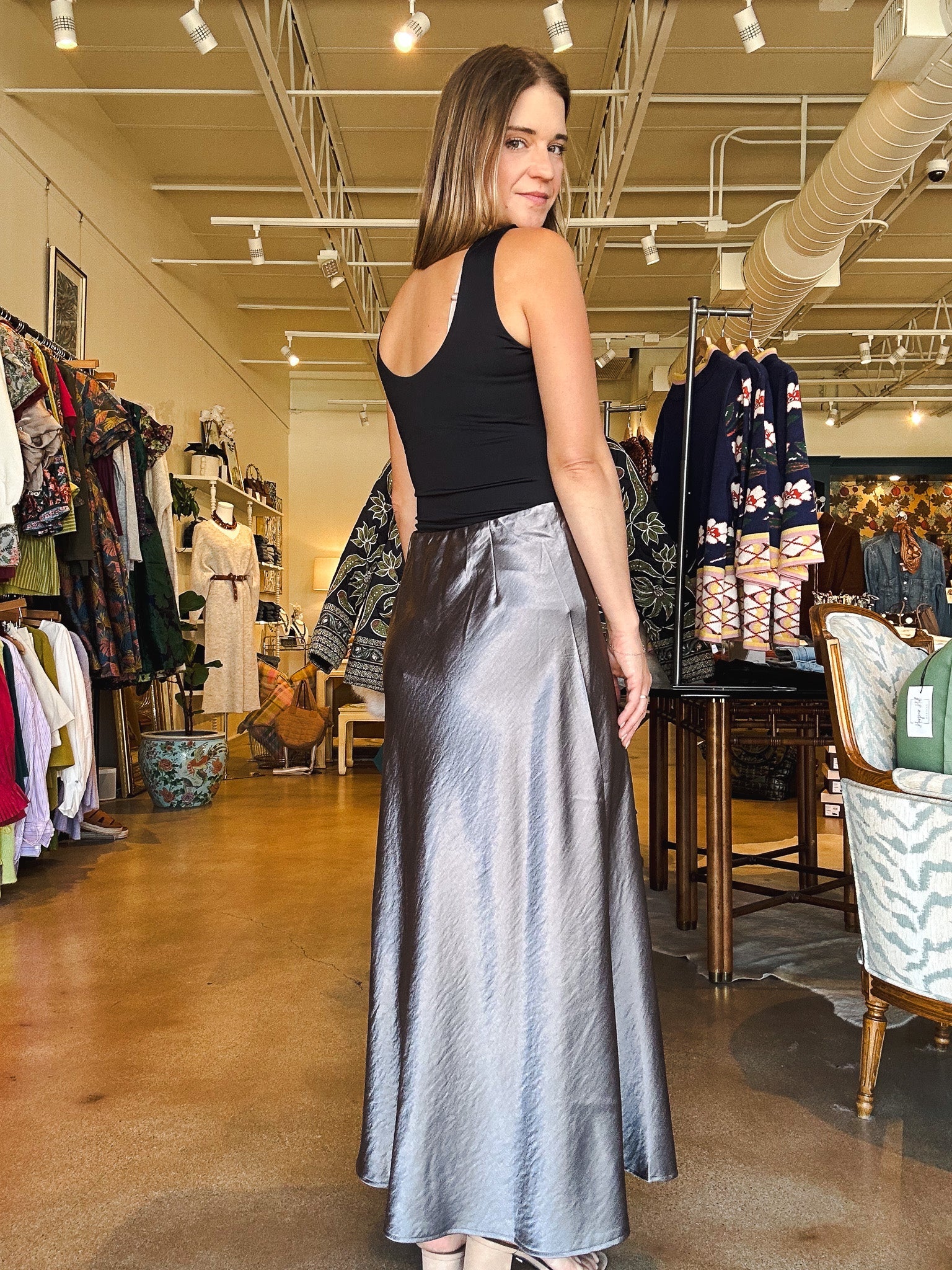 Barbara Satin Skirt - Pewter - Elle Maxine