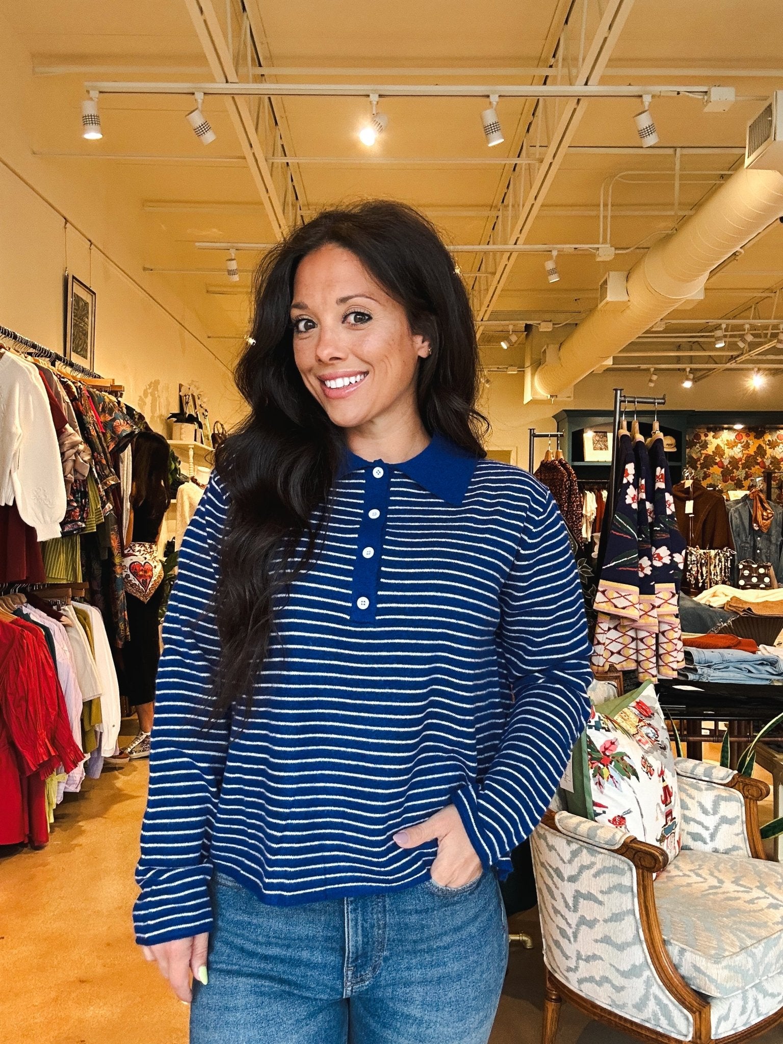 Becca Collared Stripe Sweater - Blue - Elle Maxine