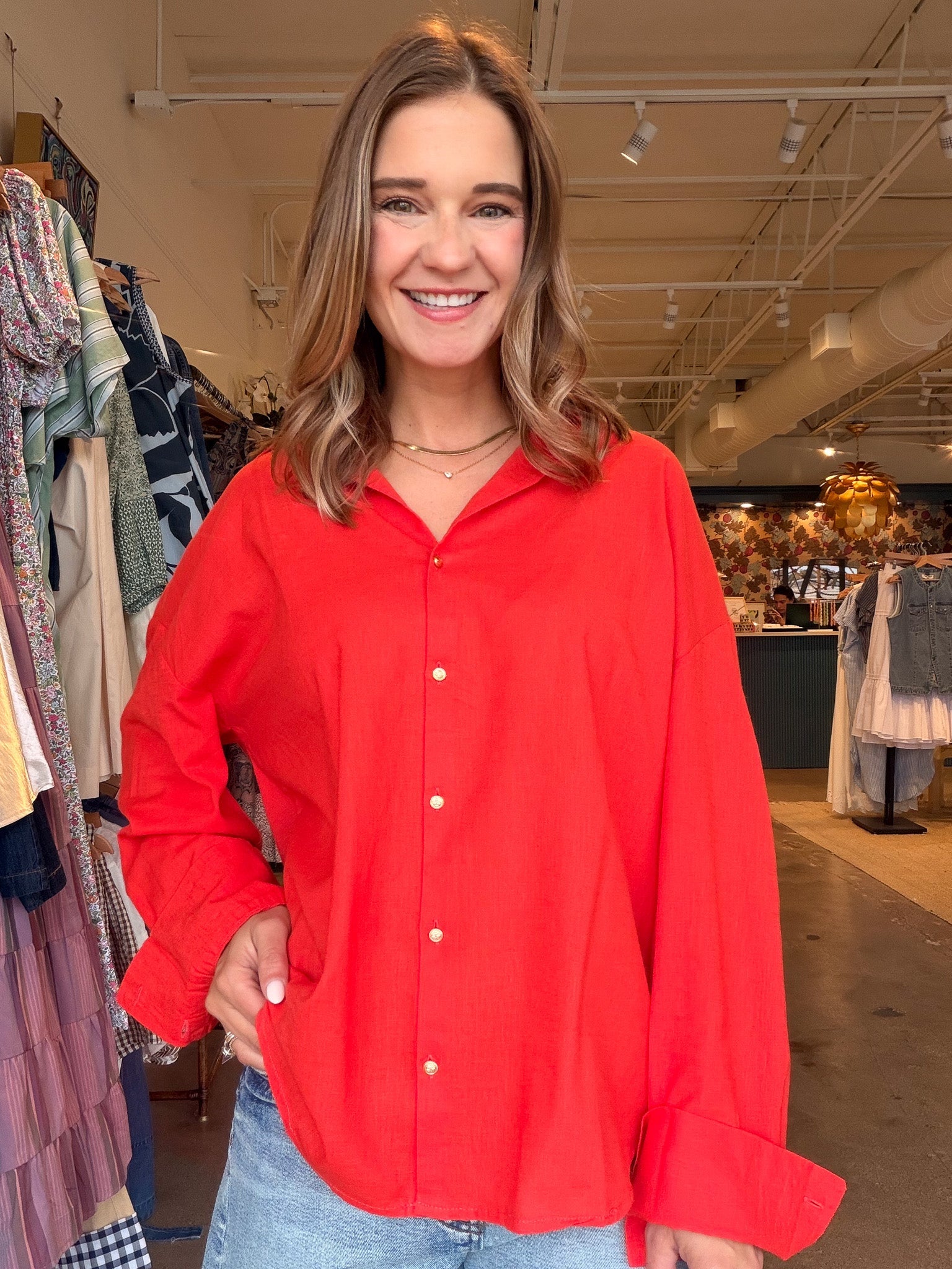 Belle Button Down Top - Tomato - Elle Maxine