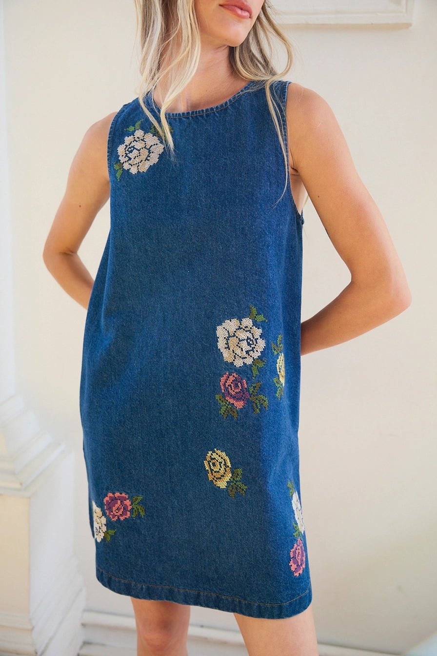 Betsy Floral Cross Stitch Denim Dress - Elle Maxine